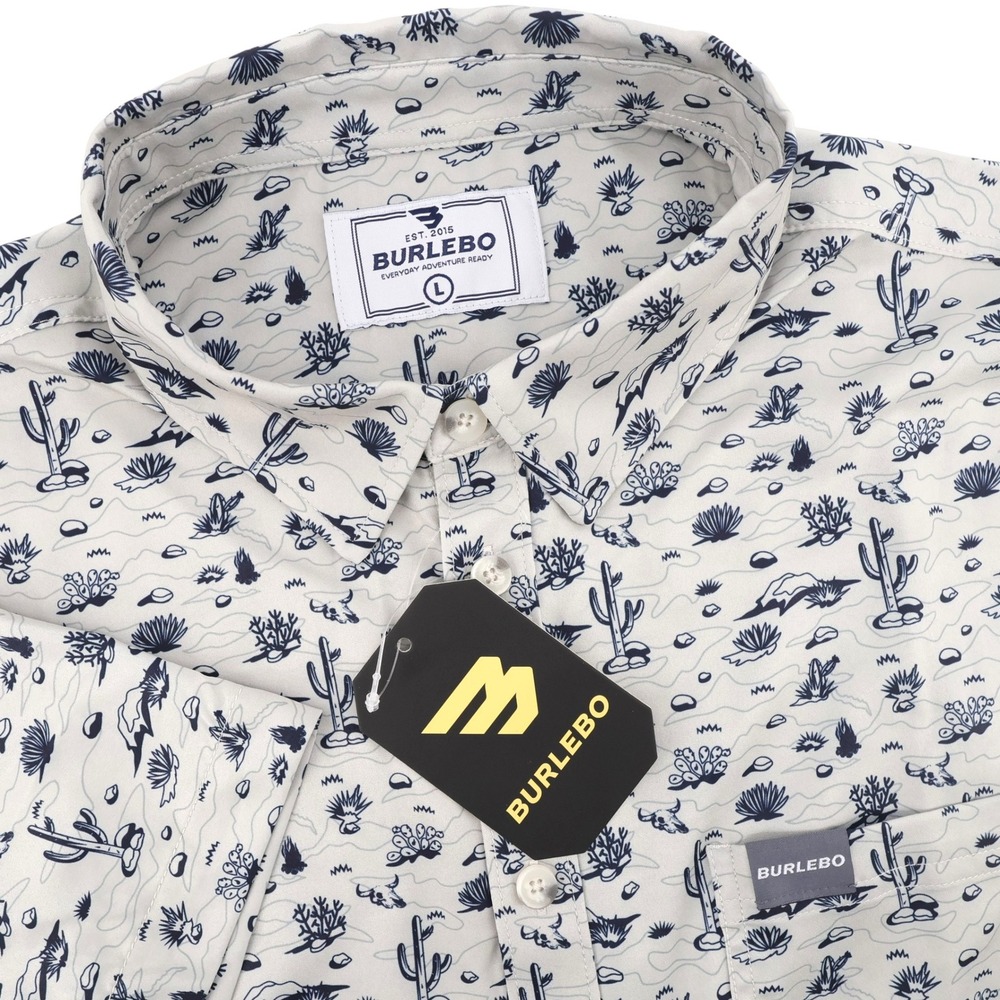NEW Burlebo Performance Button Up Desert Print Gray Short Sleeve Mens Large